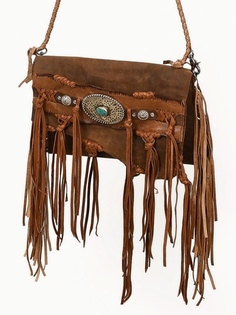 American Darling Western Fringe Crossbody Bag Braided Leather Concho&Turquoise